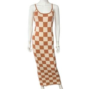 Checkered Maxi Dress M Retro Y2K 70s Brown Cream Bodycon Knit Vintage Inspired